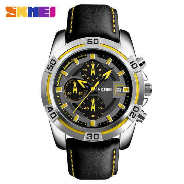 Jam Tangan Pria Analog Leather Original SKMEI 9156 Kuning