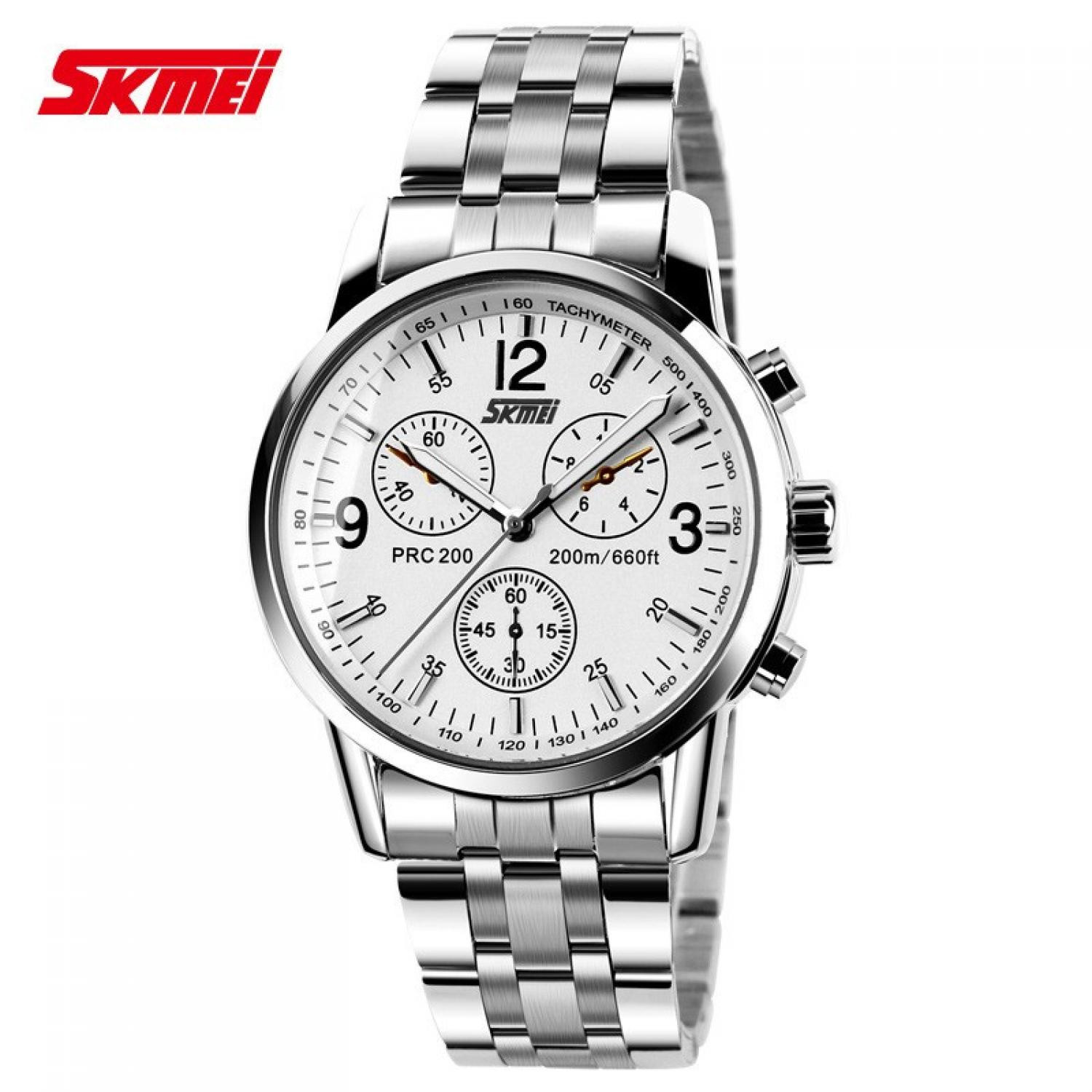 Jam Tangan Pria Analog Stainless Original SKMEI 9070CL Putih