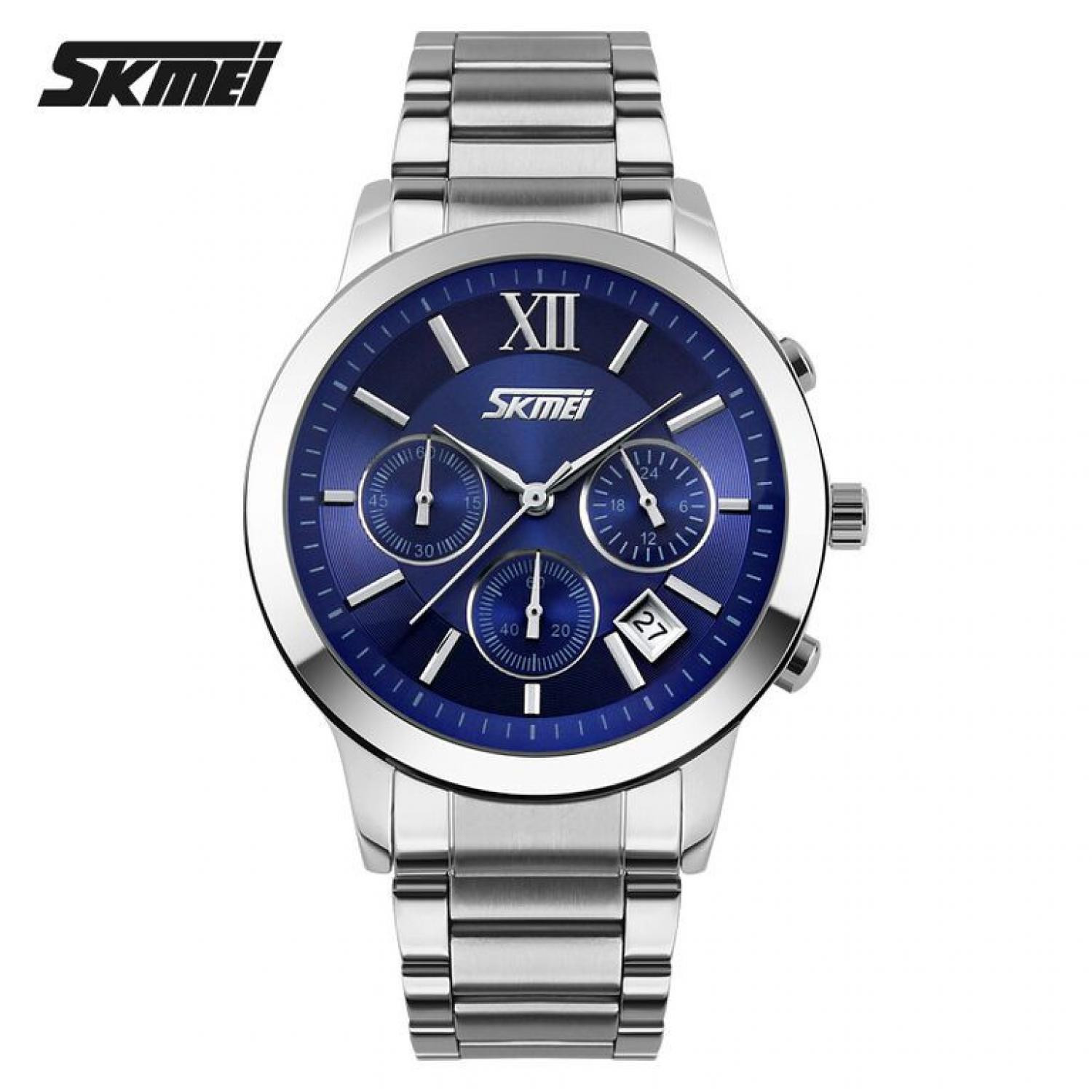 Jam Tangan Pria Analog Stainless Original SKMEI 9097CS Biru