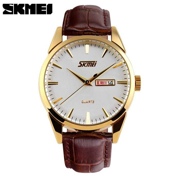 Jam Tangan Pria Original Analog Leather SKMEI 9073CL Emas