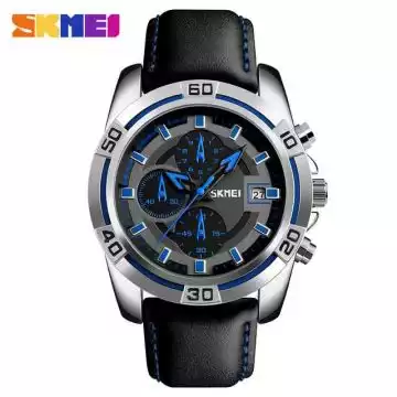 Jam Tangan Pria Analog Leather Original SKMEI 9156 Biru