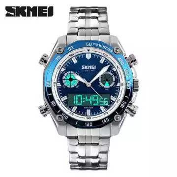 Jam Tangan Pria Dual Time Stainless Original SKMEI AD1204 Biru