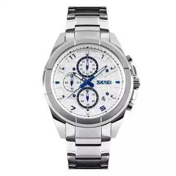 Jam Tangan Pria Analog Stainless Original SKMEI 9109CS Silver White