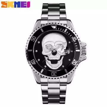 Jam Tangan Pria Analog Skull Stainless Original SKMEI 9195CS Silver