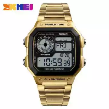 Jam Tangan Pria Digital Pedometer Original SKMEI DG1382 Gold
