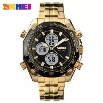 Jam Tangan Pria Dual Time Stainless Original SKMEI AD1302 Gold