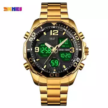 Jam Tangan Pria Dual Time Stainless Original SKMEI AD1649 Gold